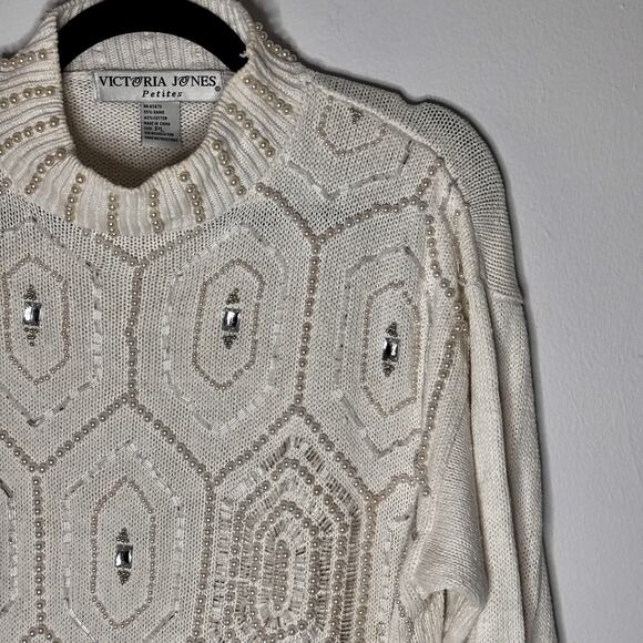 Vintage 1980s Victoria Jones Sweater Dress Pearls Beaded Rhinestone Petite Large - Picture 10 of 16